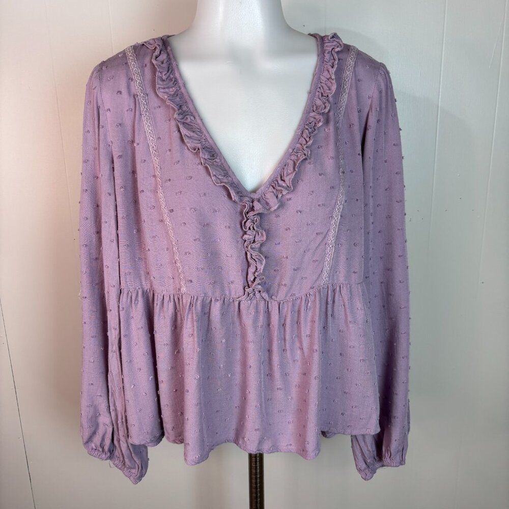 Altar'd State Babydoll Top Large Lavender Purple Clip Dot Ruffle Blouse V-Neck